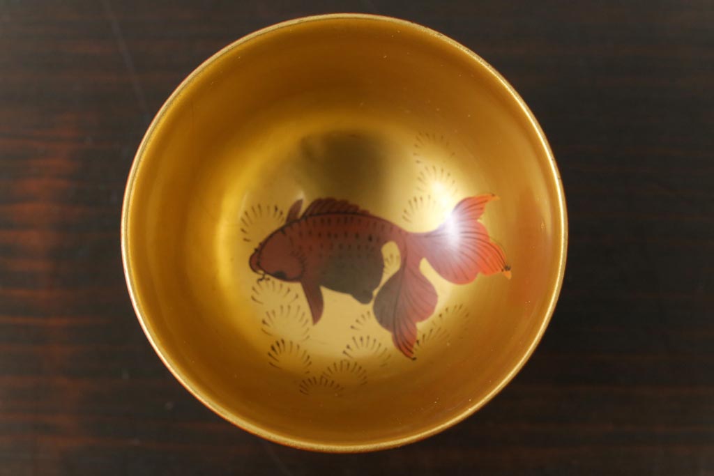 和製アンティーク　大正昭和初期　金魚の図　木製蒔絵盃(漆器、杯、和食器)3客セット