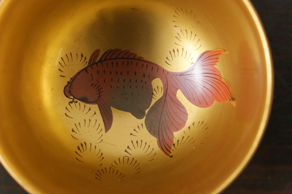 和製アンティーク 大正昭和初期 金魚の図 木製蒔絵盃(漆器、杯