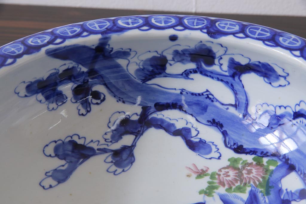 古民具・骨董　明治期　鳥や草木が描かれたアンティークの染付深鉢(深皿、和食器)