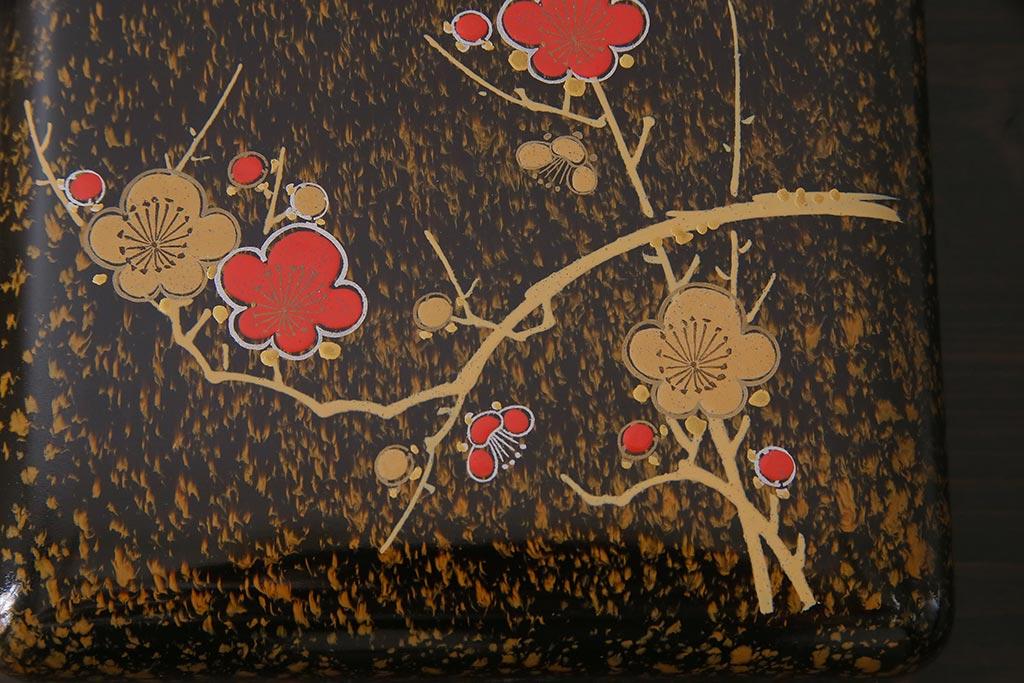 アンティーク雑貨　和製アンティーク　大正昭和初期　梅の図　盆付き木製角菓子器(漆器、手箱)