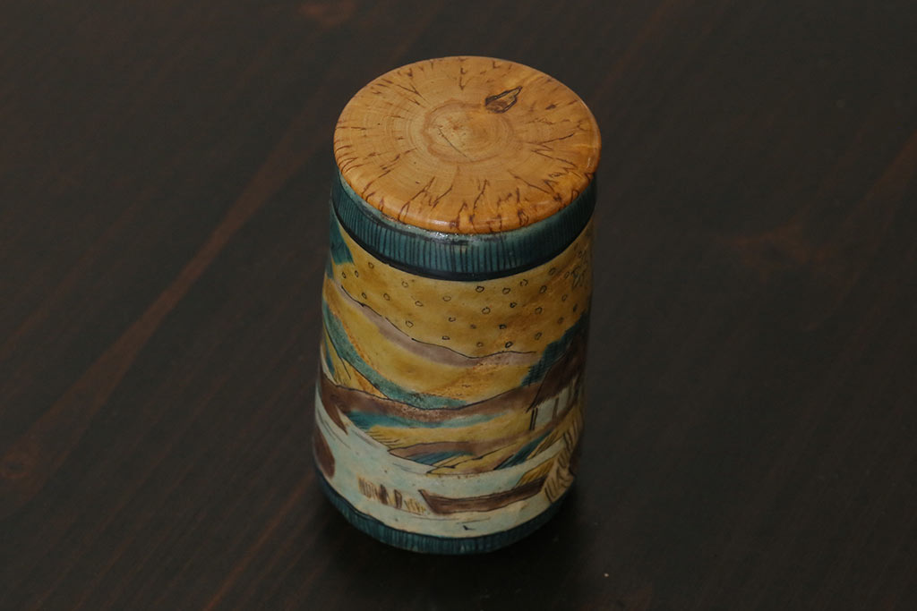 アンティーク雑貨　骨董　里山の情景が描かれた九谷焼の茶入れ(茶道具、陶器)