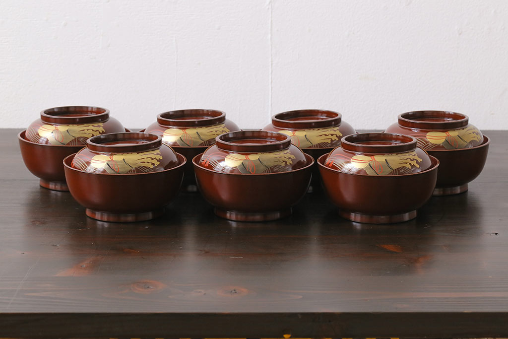 アンティーク雑貨　和製アンティーク　瓢箪の図　シックな雰囲気の木製お椀(漆器、和食器)7客セット