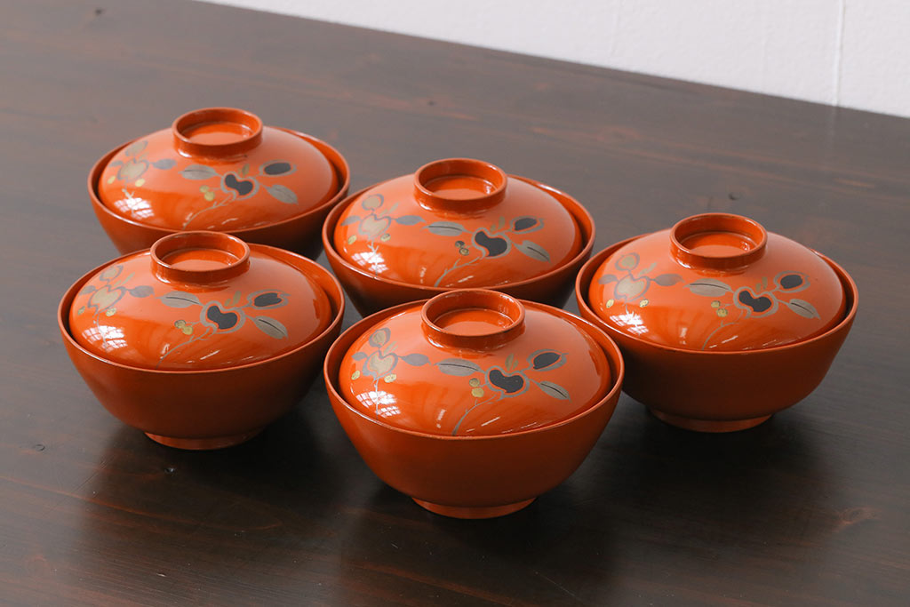 和製アンティーク　色合いが味わい深い木製お椀(漆器、和食器)5客セット