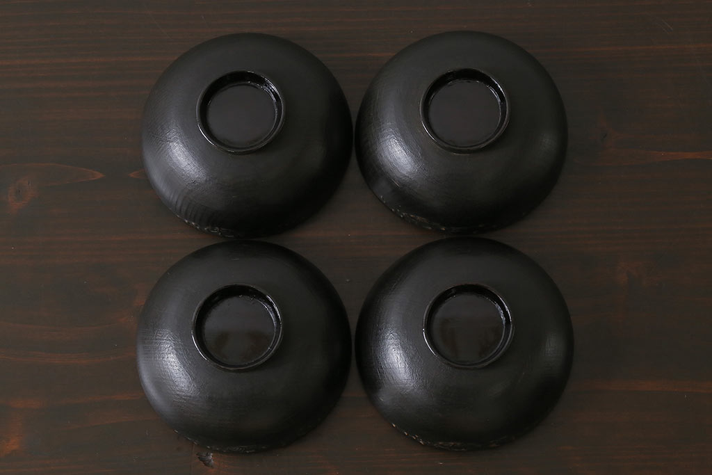 和製アンティーク　鉄錆蒔絵　赤富士の図　和モダンな蓋付椀(漆器)4客セット