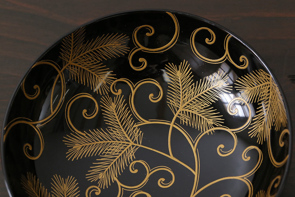 和製アンティーク　内側の絵柄が鮮やかな木製お椀(漆器、和食器)5客セット