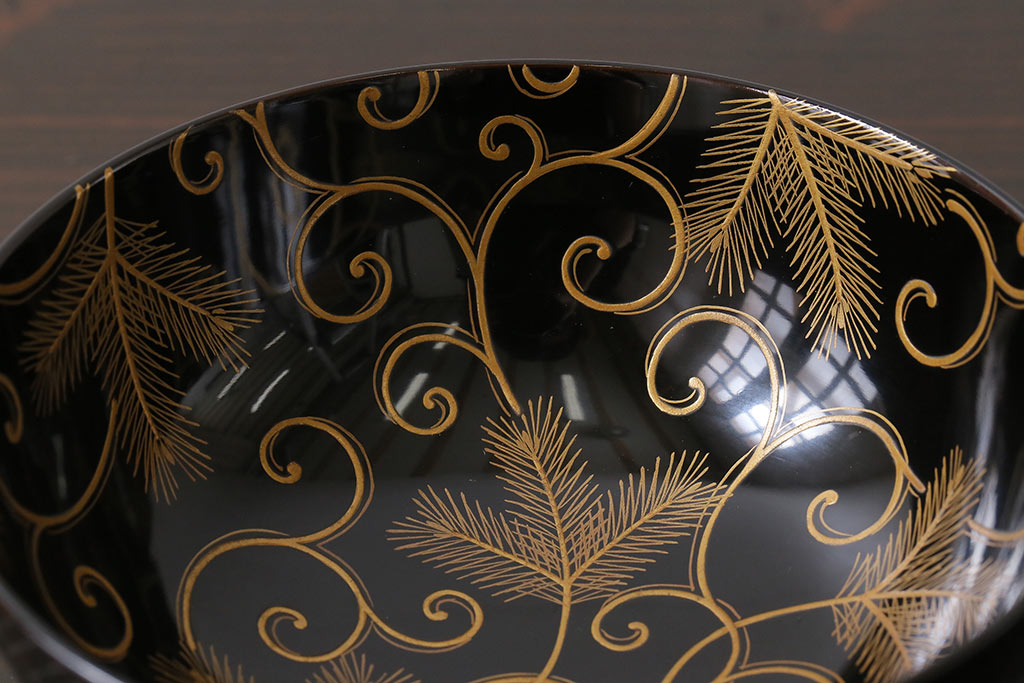 和製アンティーク　内側の絵柄が鮮やかな木製お椀(漆器、和食器)5客セット