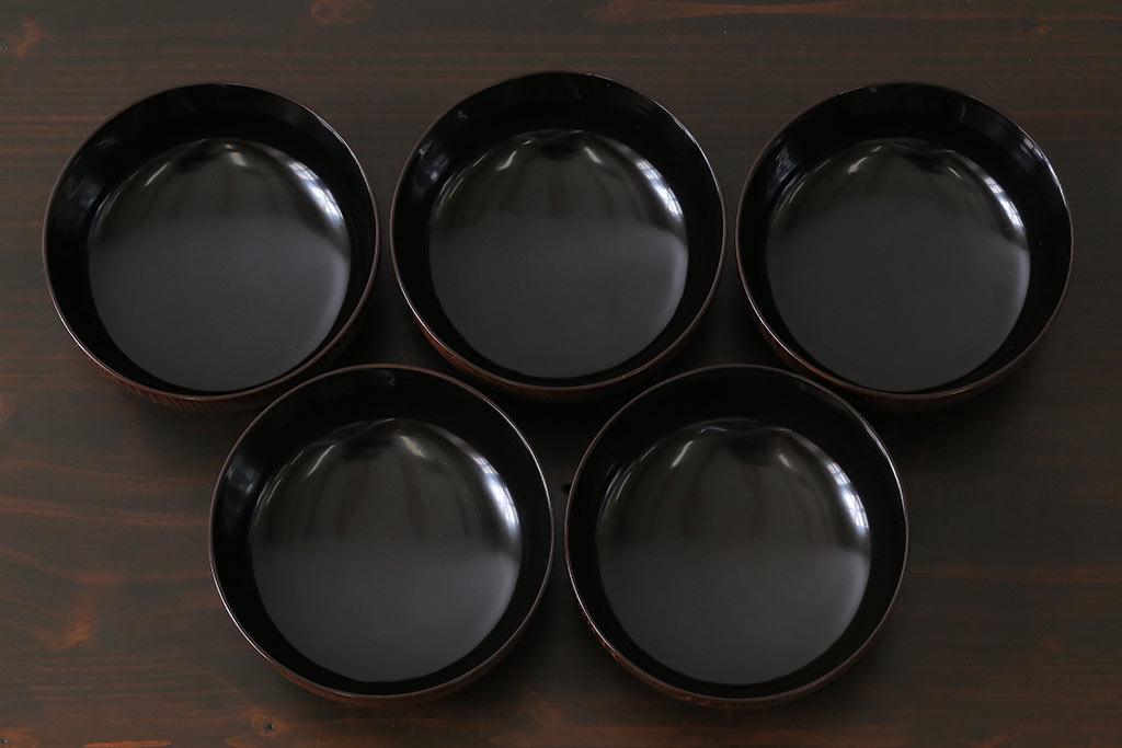 和製アンティーク　輪島塗　高蒔絵　瓢箪の図　上質な蓋付き木製椀(漆器、和食器)5客セット(3)