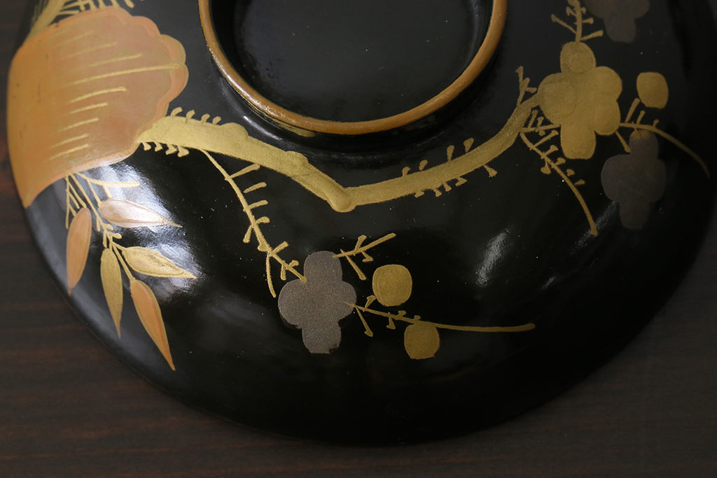 和製アンティーク　松竹梅　華やかな金彩の蓋付き木製椀(漆器、和食器)5客セット