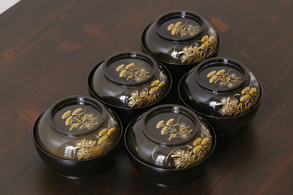和製アンティーク　大正昭和初期　蝶や草花の蒔絵が品のある木製のお椀5客セット(漆器)