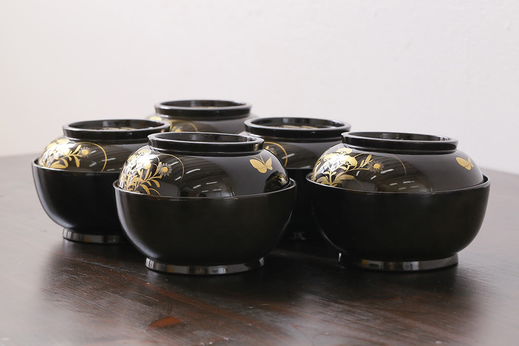 和製アンティーク　大正昭和初期　蝶や草花の蒔絵が品のある木製のお椀5客セット(漆器)