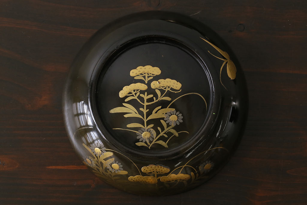 和製アンティーク　大正昭和初期　蝶や草花の蒔絵が品のある木製のお椀5客セット(漆器)