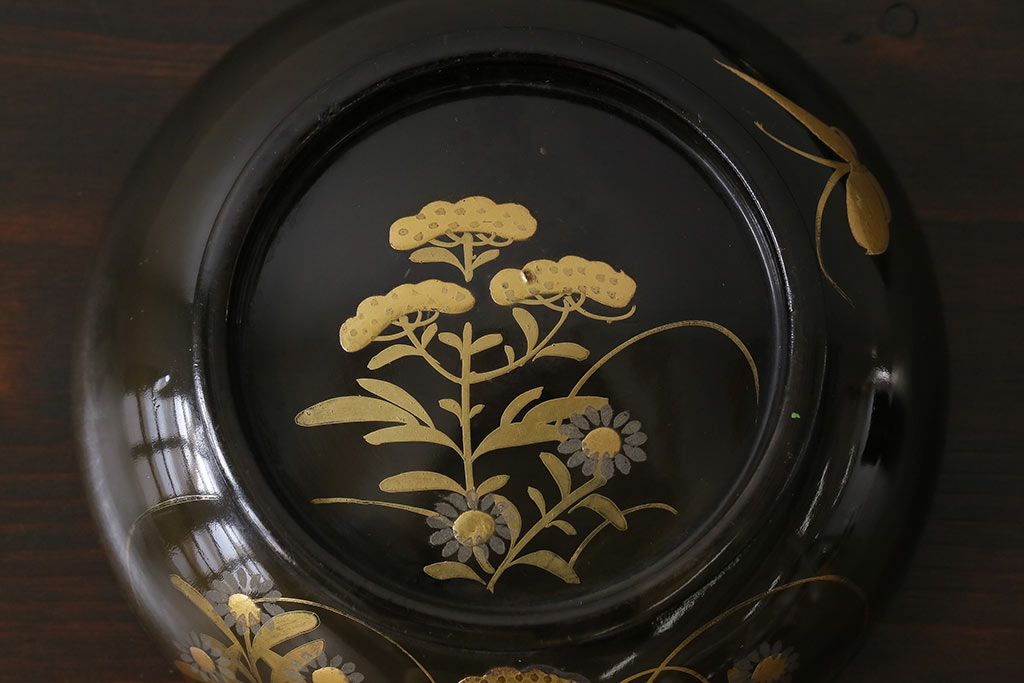 和製アンティーク　大正昭和初期　蝶や草花の蒔絵が品のある木製のお椀5客セット(漆器)