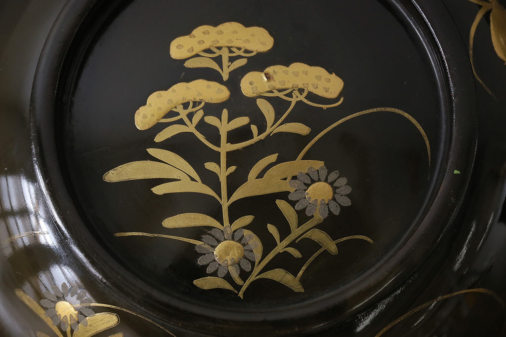和製アンティーク　大正昭和初期　蝶や草花の蒔絵が品のある木製のお椀5客セット(漆器)