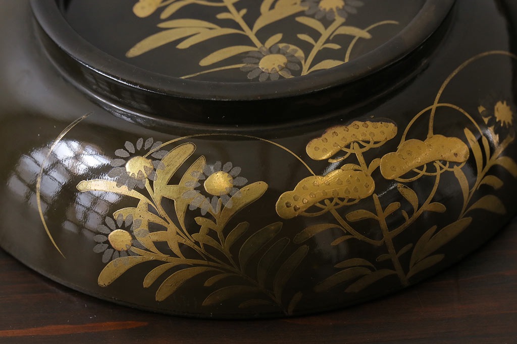 和製アンティーク　大正昭和初期　蝶や草花の蒔絵が品のある木製のお椀5客セット(漆器)