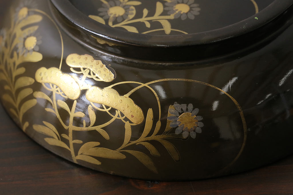 和製アンティーク　大正昭和初期　蝶や草花の蒔絵が品のある木製のお椀5客セット(漆器)