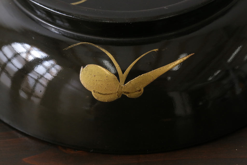 和製アンティーク　大正昭和初期　蝶や草花の蒔絵が品のある木製のお椀5客セット(漆器)