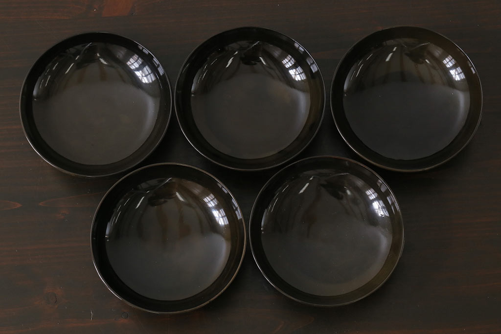 和製アンティーク　大正昭和初期　蝶や草花の蒔絵が品のある木製のお椀5客セット(漆器)