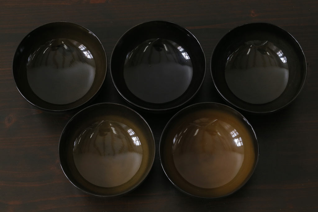 和製アンティーク　大正昭和初期　蝶や草花の蒔絵が品のある木製のお椀5客セット(漆器)