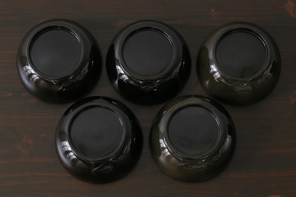 和製アンティーク　大正昭和初期　蝶や草花の蒔絵が品のある木製のお椀5客セット(漆器)