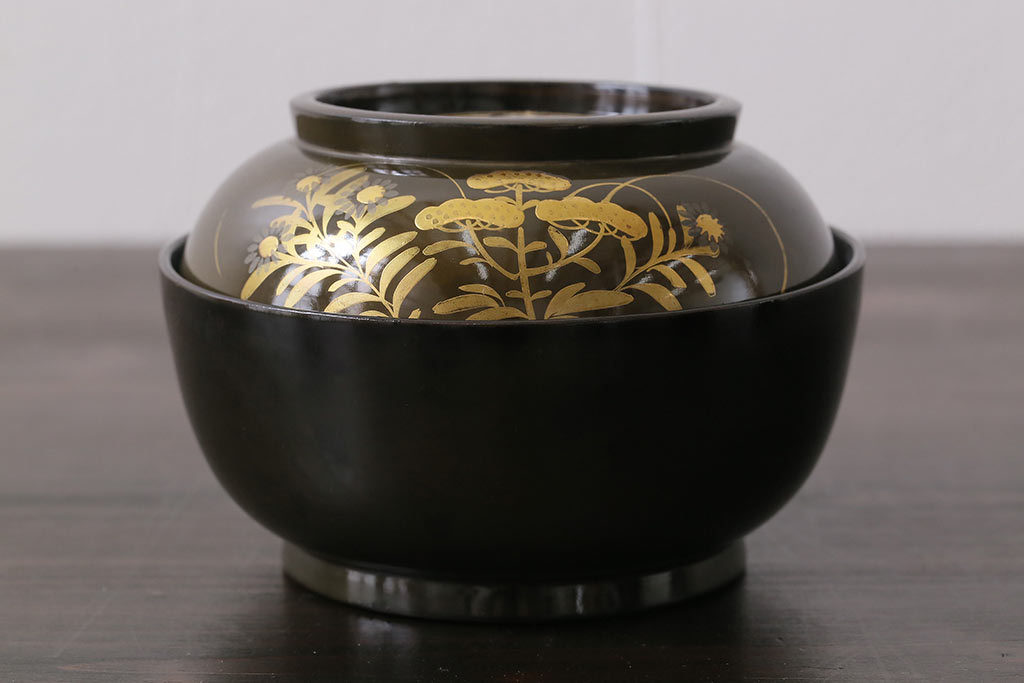 和製アンティーク　大正昭和初期　蝶や草花の蒔絵が品のある木製のお椀5客セット(漆器)