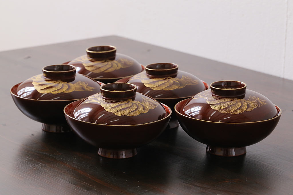 和製アンティーク　漆器　迫力ある図柄の描かれた木製椀5客セット(和食器)