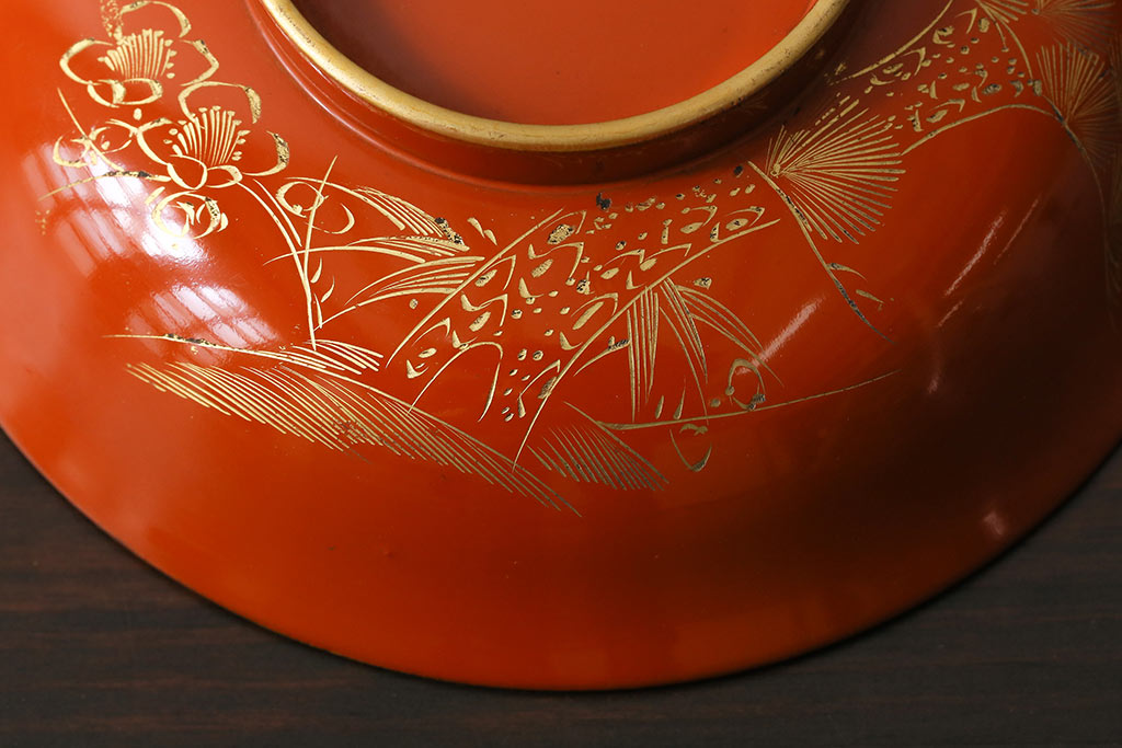 和製アンティーク　松竹梅　縁起の良い意匠の沈金朱塗椀5客セット(蓋付き椀、漆器、和食器)