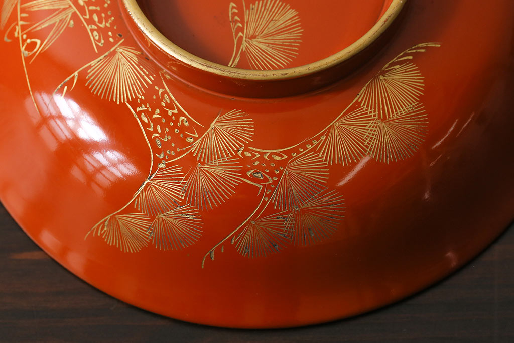 和製アンティーク　松竹梅　縁起の良い意匠の沈金朱塗椀5客セット(蓋付き椀、漆器、和食器)