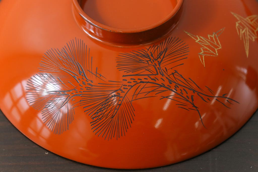 和製アンティーク　金彩の折り鶴が魅力的な木製椀(漆器、和食器)5客セット(1)