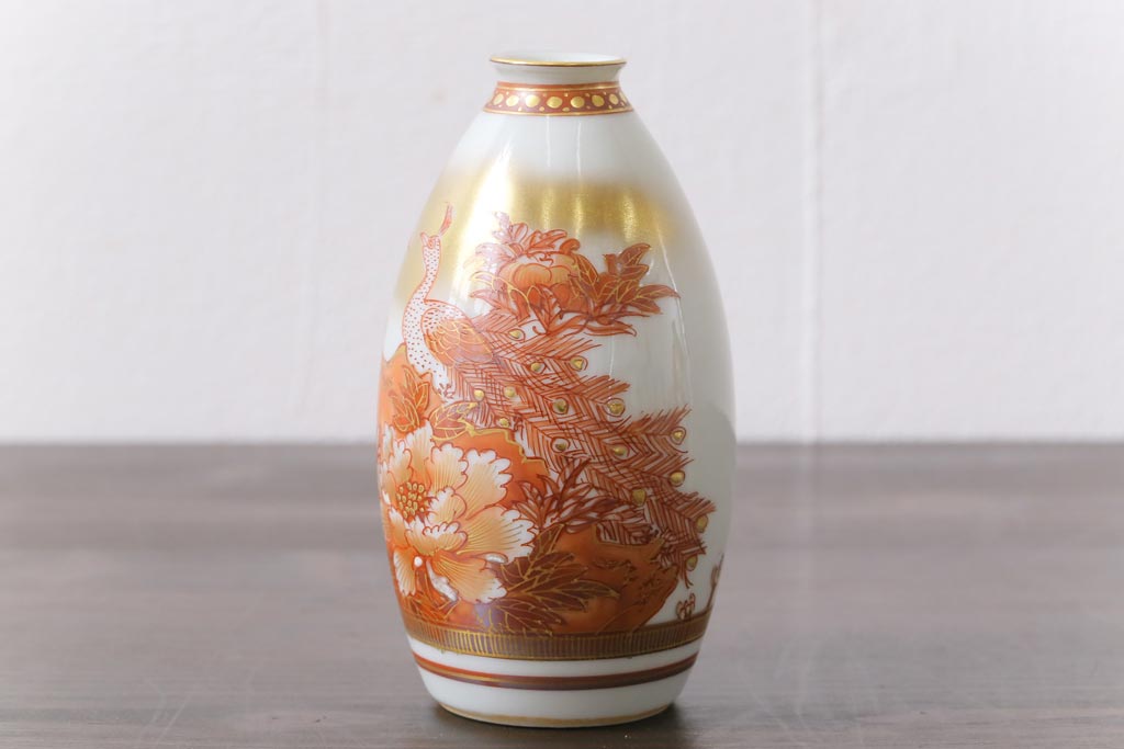 和製アンティーク　九谷赤絵　牡丹花鳥　孔雀　箱付き　徳利・お猪口・盃洗　酒器セット(九谷焼、盃、和食器)