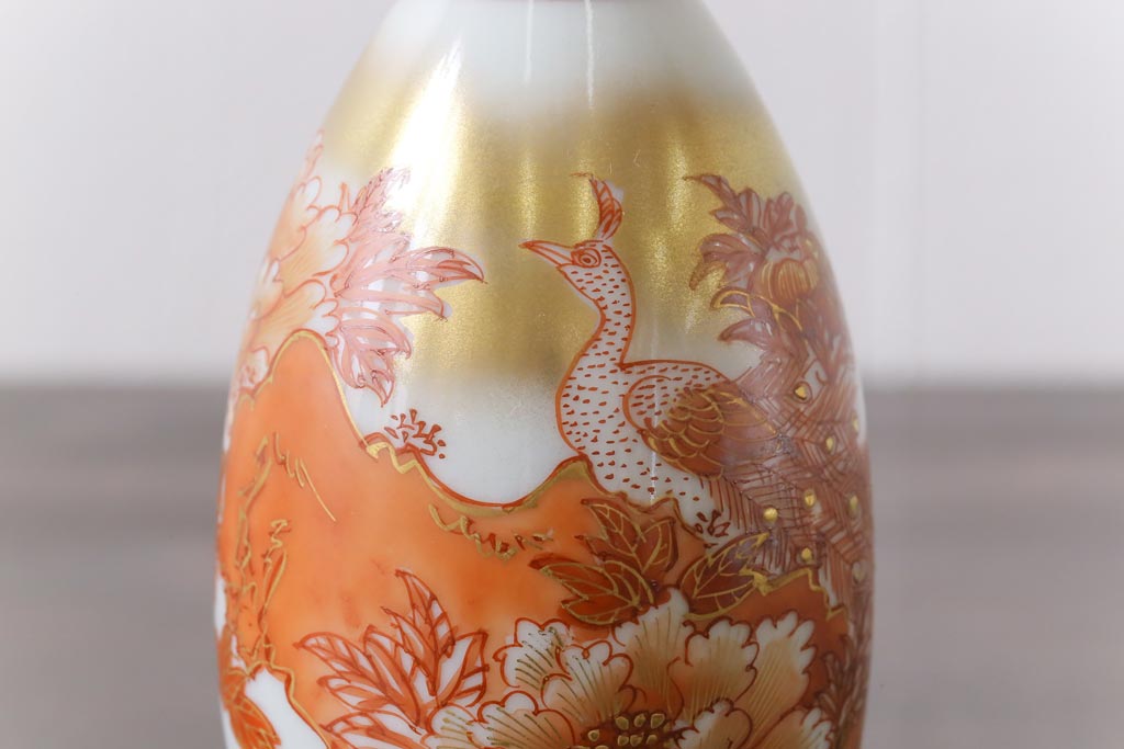和製アンティーク　九谷赤絵　牡丹花鳥　孔雀　箱付き　徳利・お猪口・盃洗　酒器セット(九谷焼、盃、和食器)