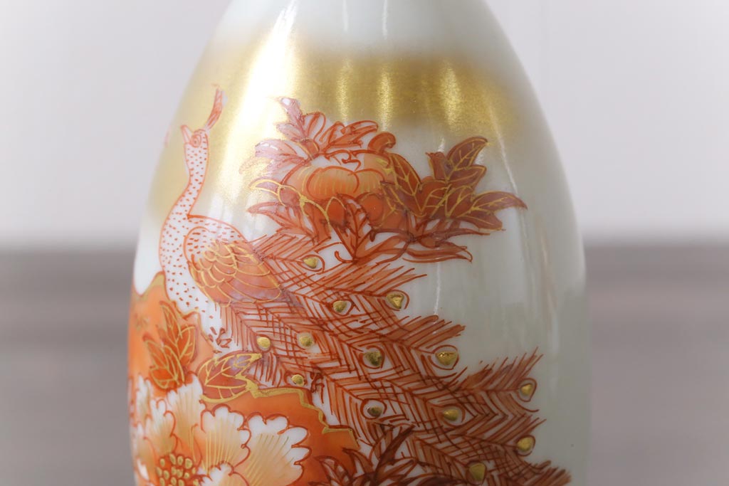 和製アンティーク　九谷赤絵　牡丹花鳥　孔雀　箱付き　徳利・お猪口・盃洗　酒器セット(九谷焼、盃、和食器)