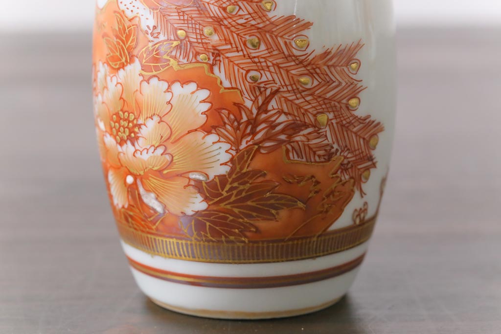 和製アンティーク　九谷赤絵　牡丹花鳥　孔雀　箱付き　徳利・お猪口・盃洗　酒器セット(九谷焼、盃、和食器)
