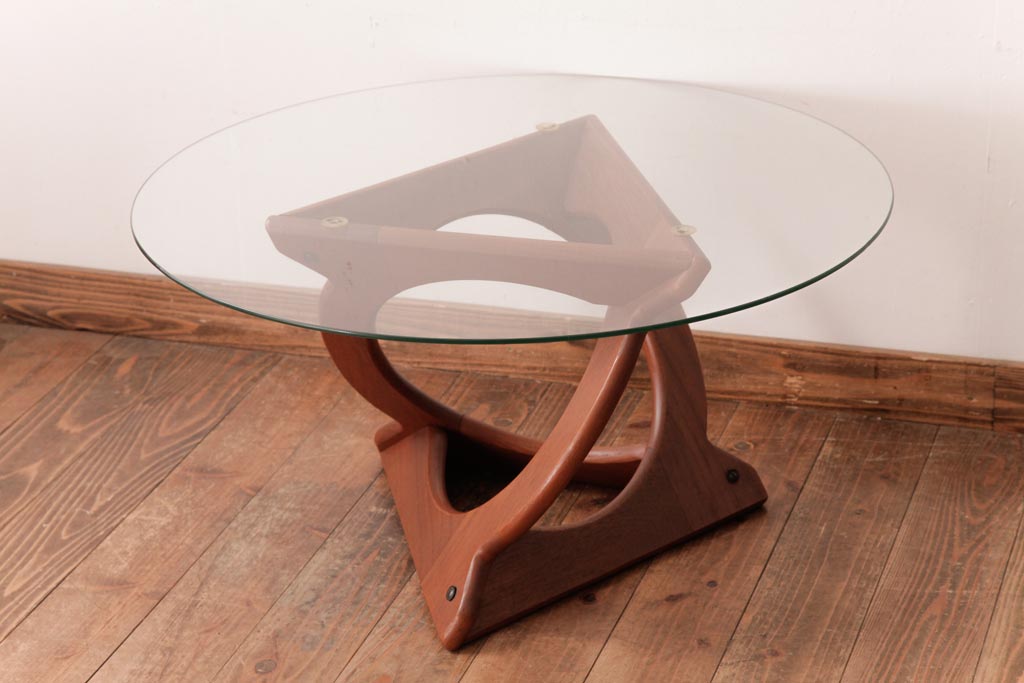 ビンテージ家具 北欧ヴィンテージ チーク材 目を惹くデザインのガラストップローテーブル(カフェテーブル、リビングテーブル) | ラフジュ工房