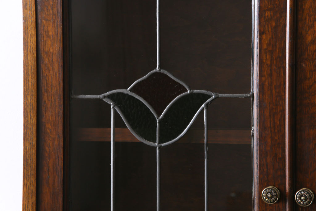アンティーク家具　イギリスアンティーク　オーク材とステンドグラスの魅力あふれるビューローブックケース(ライティングビューロー、収納棚)