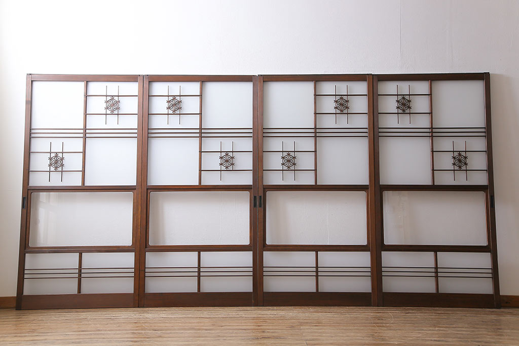 和製アンティーク　昭和期　上品な組子の意匠が目を引くガラス戸(引き戸、建具)4枚セット