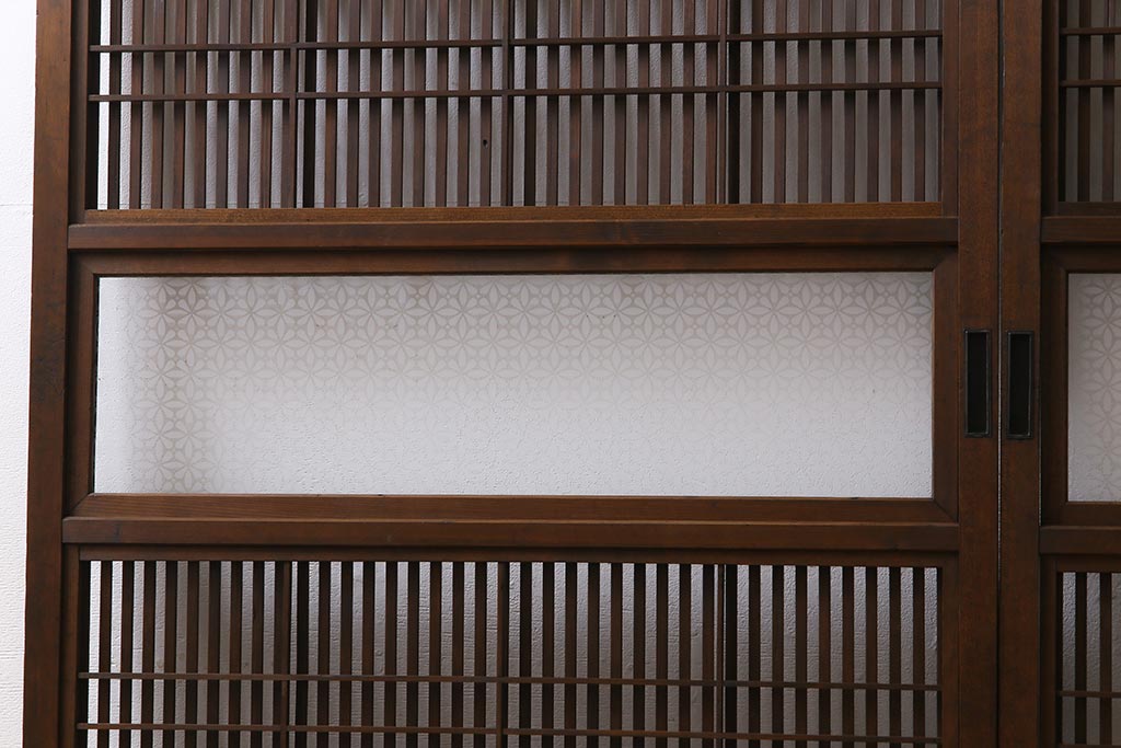 昭和レトロ　変わり花菱ガラス　裏障子枠付き　細い桟が涼しげな格子戸(ガラス帯戸、引き戸、建具)2枚セット