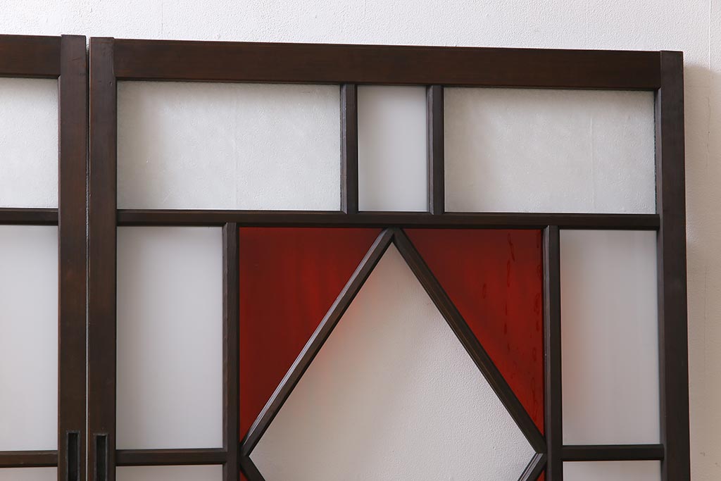 昭和レトロ 色ガラス入り 菱型のデザインがおしゃれなガラス戸(引き戸 