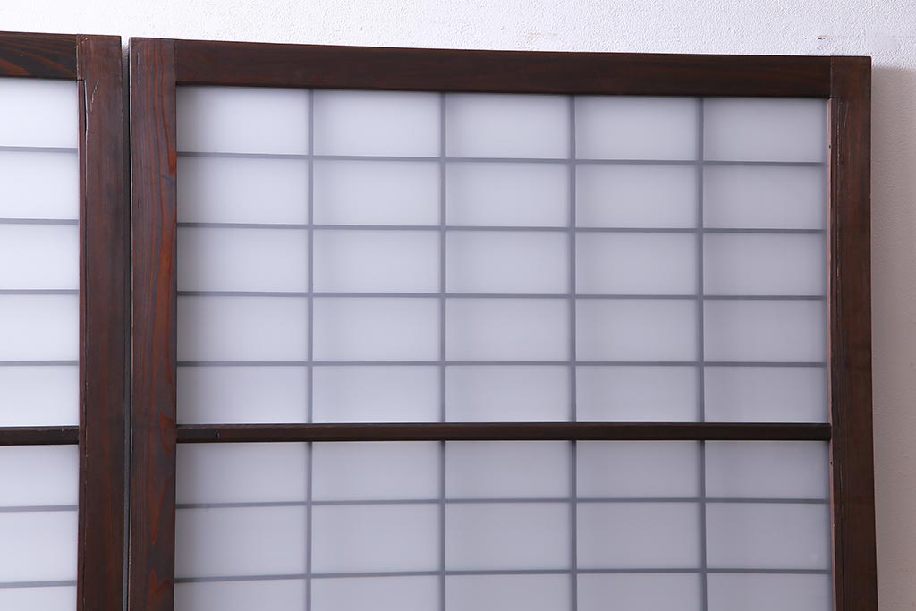 和製アンティーク　昭和初期　すりガラス越しに映る桟が風情感じるガラス戸2枚セット(引き戸、建具)