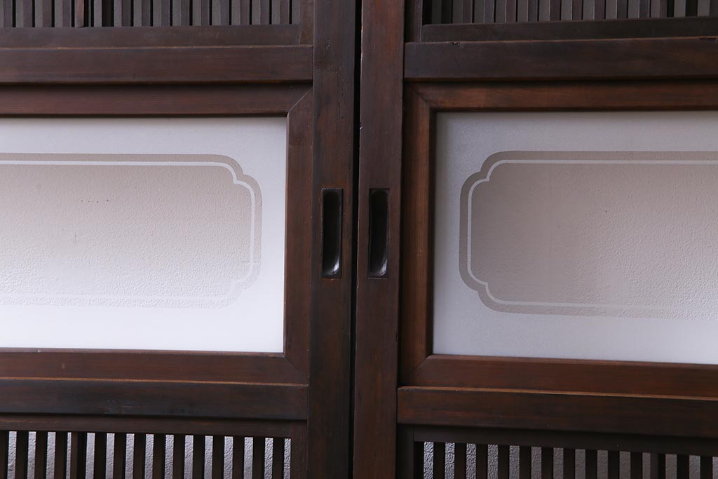 和製アンティーク　腰板ケヤキ材　障子枠付き　和モダンな空間づくりにおすすめな格子戸2枚セット(建具、引き戸)
