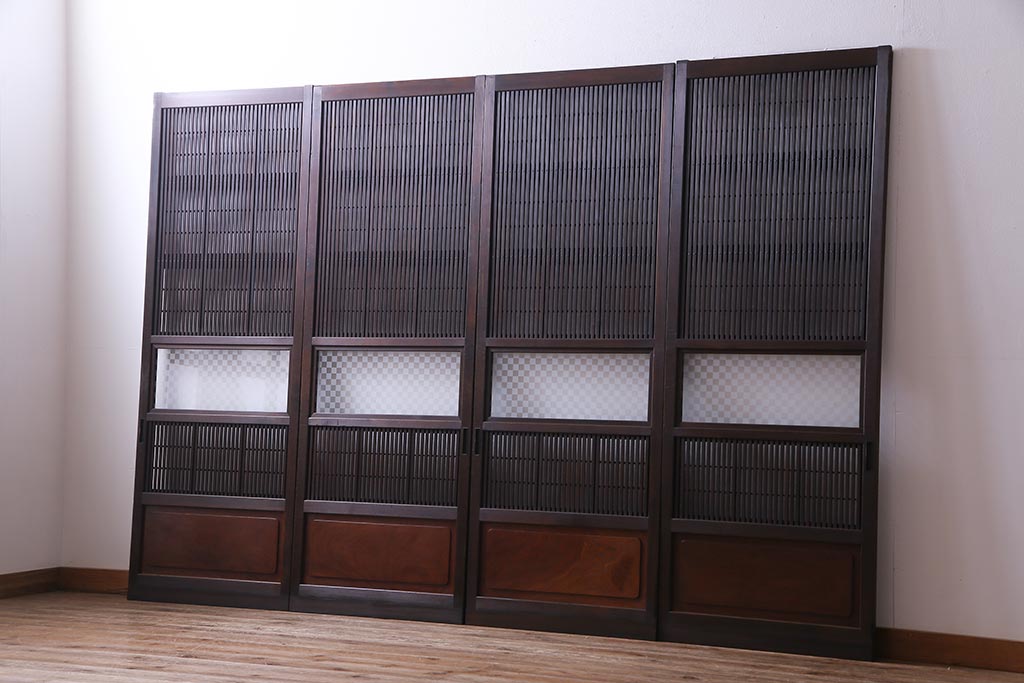昭和初期　裏障子枠付き　腰板ケヤキ材　幅狭!粋な雰囲気のガラス格子戸(ガラス帯戸、引き戸、建具)4枚セット