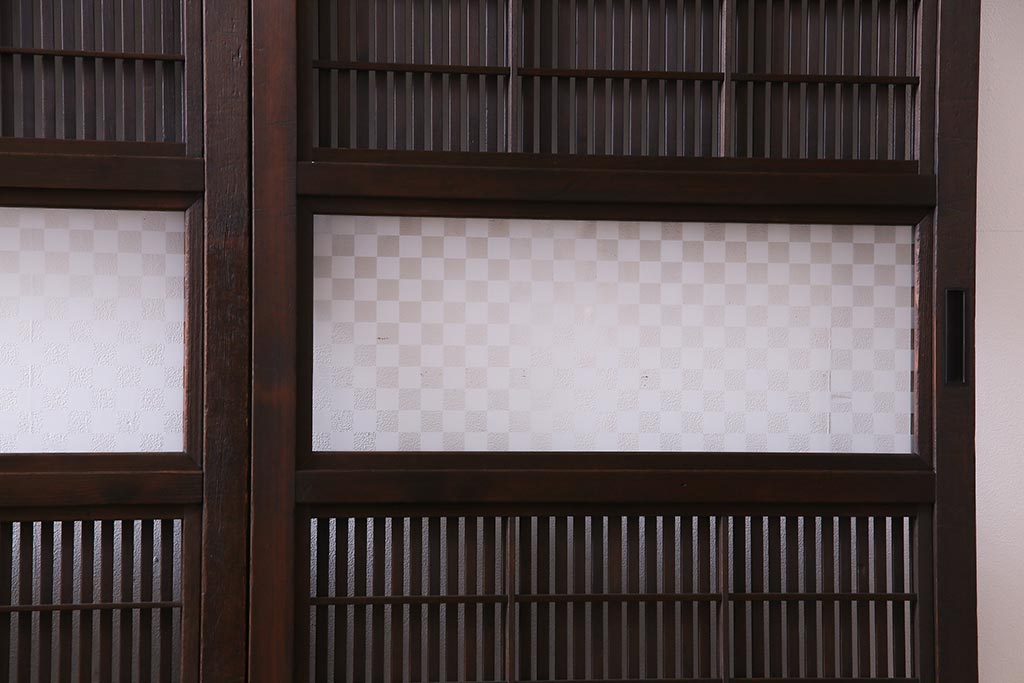 昭和初期　裏障子枠付き　腰板ケヤキ材　幅狭!粋な雰囲気のガラス格子戸(ガラス帯戸、引き戸、建具)4枚セット