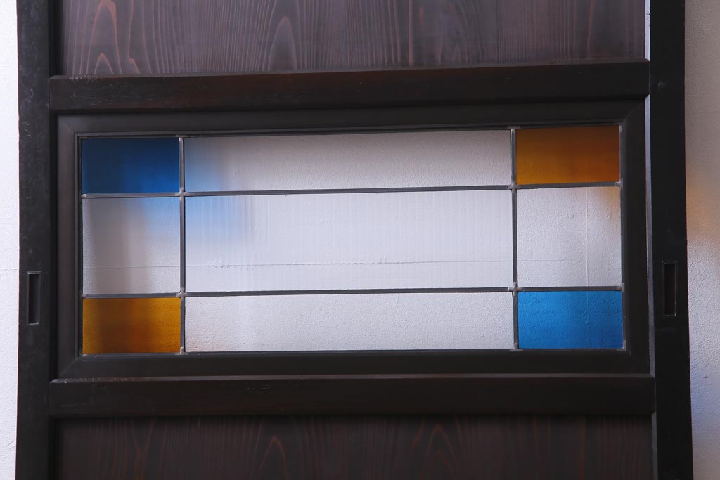 和製アンティーク　ラフジュ工房オリジナルステンドグラス　モールガラスとステンドグラス入りの和モダンな帯戸1枚(ガラス帯戸、板戸、引戸)