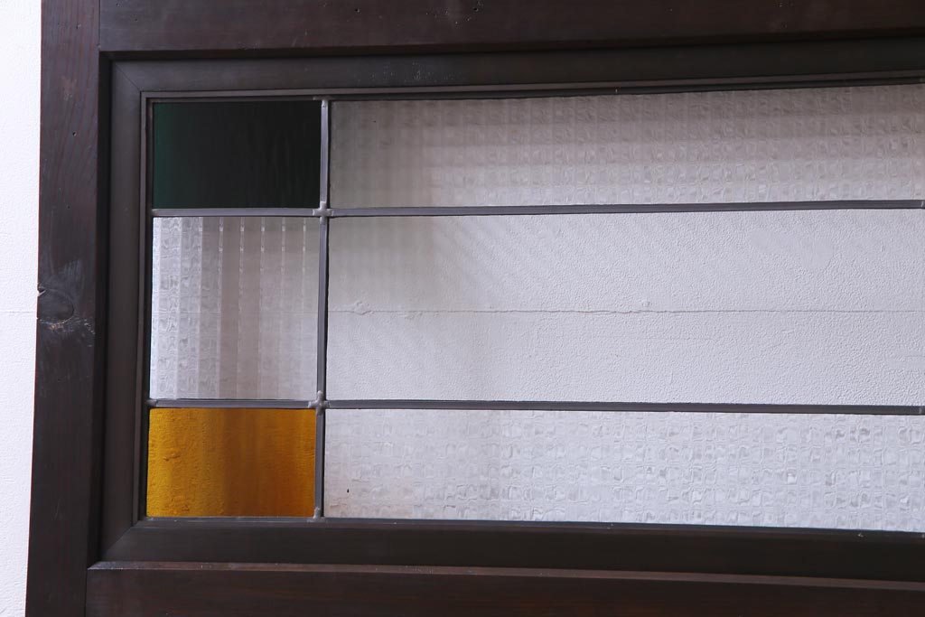 和製アンティーク　色ガラス・デザインガラス入り　ノスタルジックな雰囲気がお洒落な板戸2枚セット(建具、引き戸)
