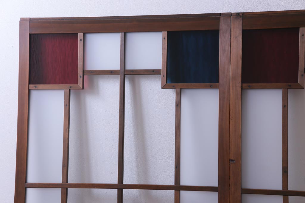 昭和初期　色ガラス入り　レトロモダンな雰囲気がお洒落なガラス戸2枚セット(建具、引き戸)