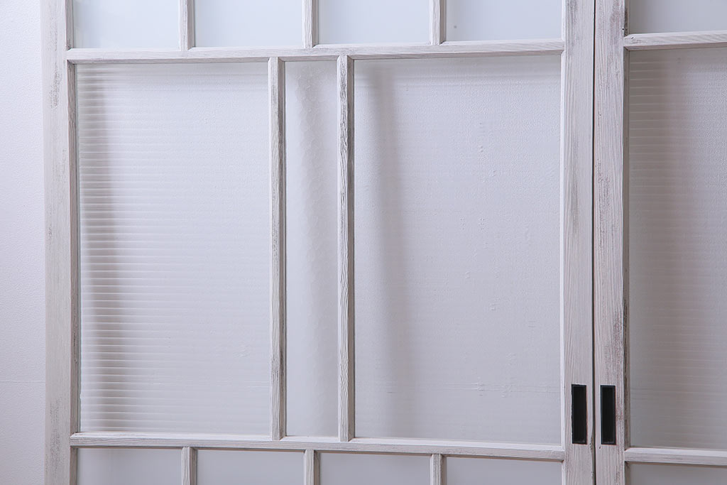 大正昭和初期　モールガラス・すりガラス　アンティークペイントを施したリメイクガラス戸3枚セット(建具、引き戸)