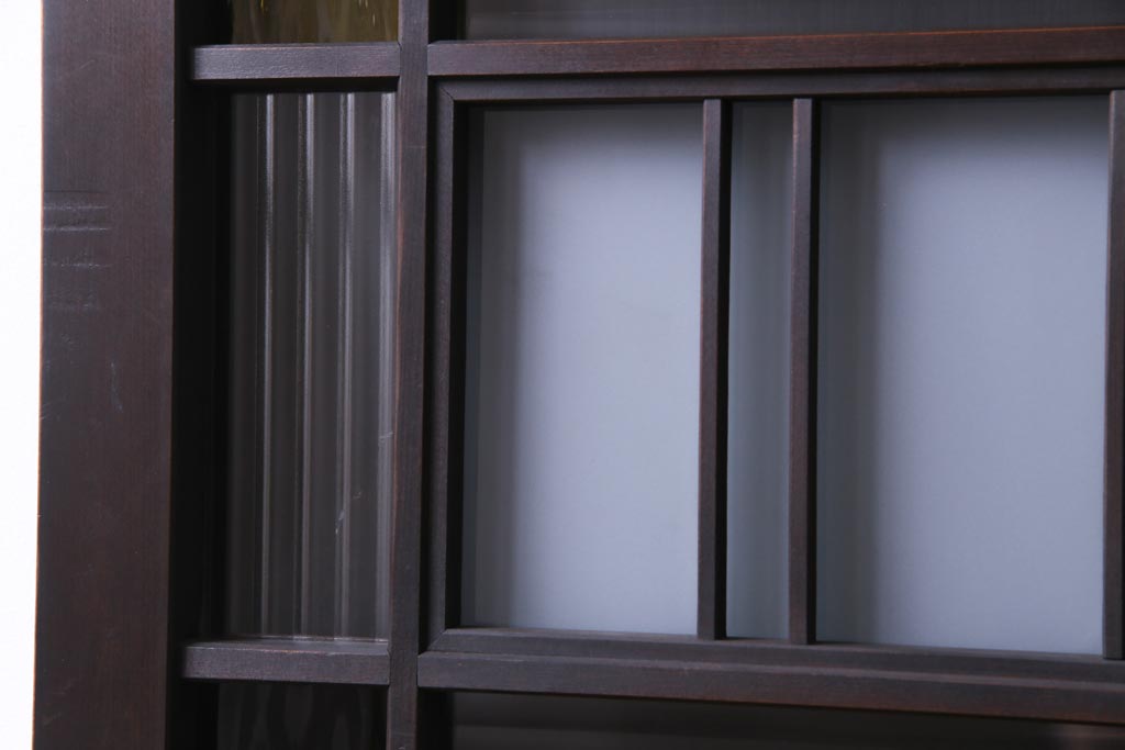 和製アンティーク　大正ロマン　色ガラスがアクセントを利かせるレトロなガラス戸2枚セット(建具、引き戸、窓)