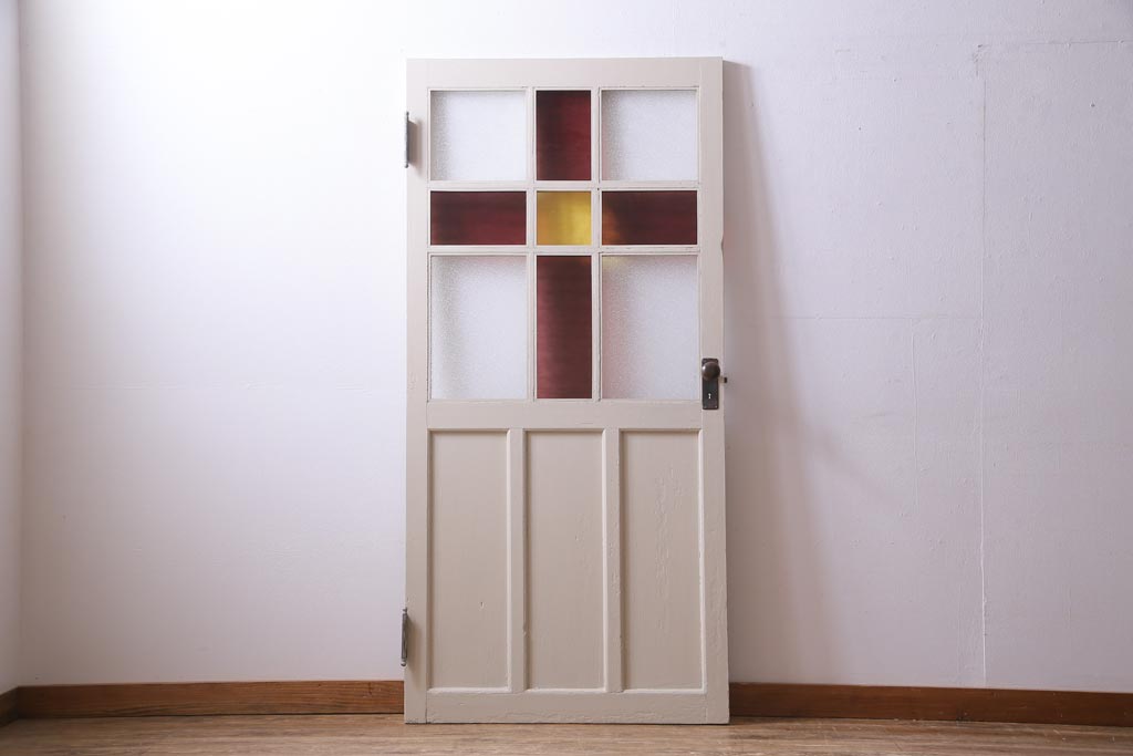 ペイント家具　色ガラス入り　十字の格子が目を引くドア(扉、建具)