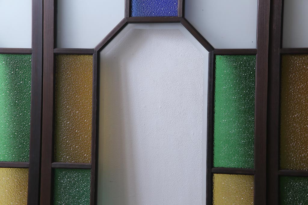 大正ロマン　当時物色ガラス　色とりどりな配色が個性的なガラス戸4枚セット(引き戸、建具)