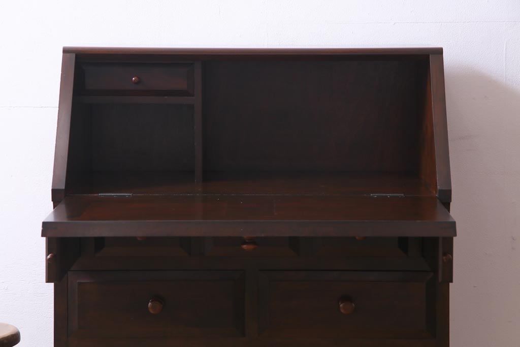 中古　松本民芸家具　収納力に富んだT型ライティングビューロー(引き出し、ワークデスク、在宅ワーク、在宅用)(定価約31万円)