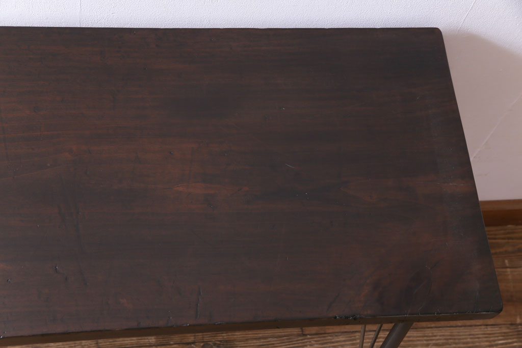 アンティーク家具　大正昭和初期　檜一枚板　古材を使った渋い味わいが魅力のアイアンテーブル(鉄脚、作業台、コンソールテーブル)